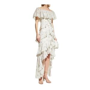 Badgley Mischka Lace Tiered High Low Off Shoulder Gown White Lilac NWT 8